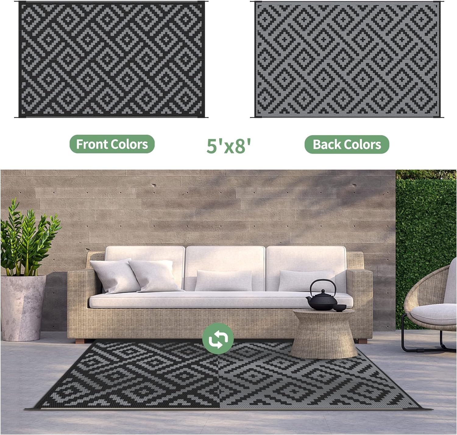 image:imageGENIMO Outdoor Rug for Patio Clearance 5x8 Reversible Plastic Straw Rugs Lightweight Waterproof RV Camping Mat for Camper Balcony Deck Backyard Picnic BlackBrownBlackgray