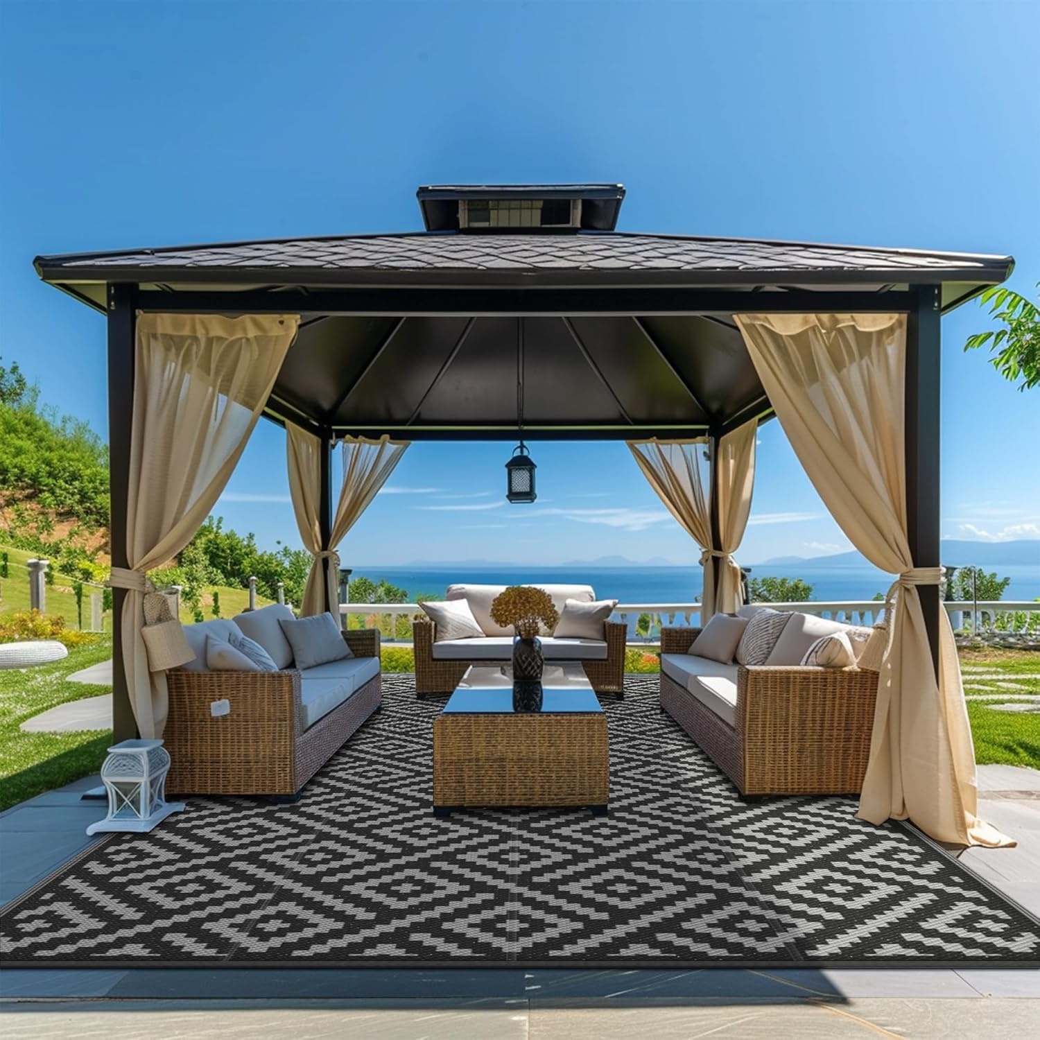 image:imageGENIMO Outdoor Rug for Patio Clearance 5x8 Reversible Plastic Straw Rugs Lightweight Waterproof RV Camping Mat for Camper Balcony Deck Backyard Picnic BlackBrownBlackgray