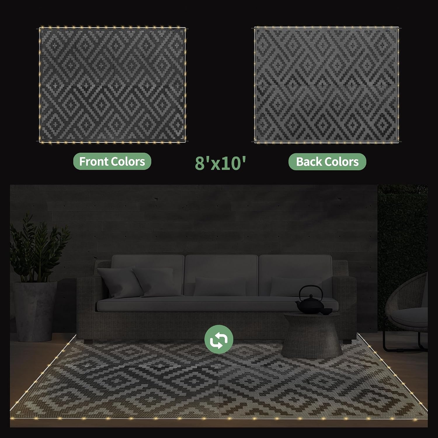 image:imageGENIMO Outdoor Rug for Patio Clearance 5x8 Reversible Plastic Straw Rugs Lightweight Waterproof RV Camping Mat for Camper Balcony Deck Backyard Picnic BlackBrownBlackgray Led