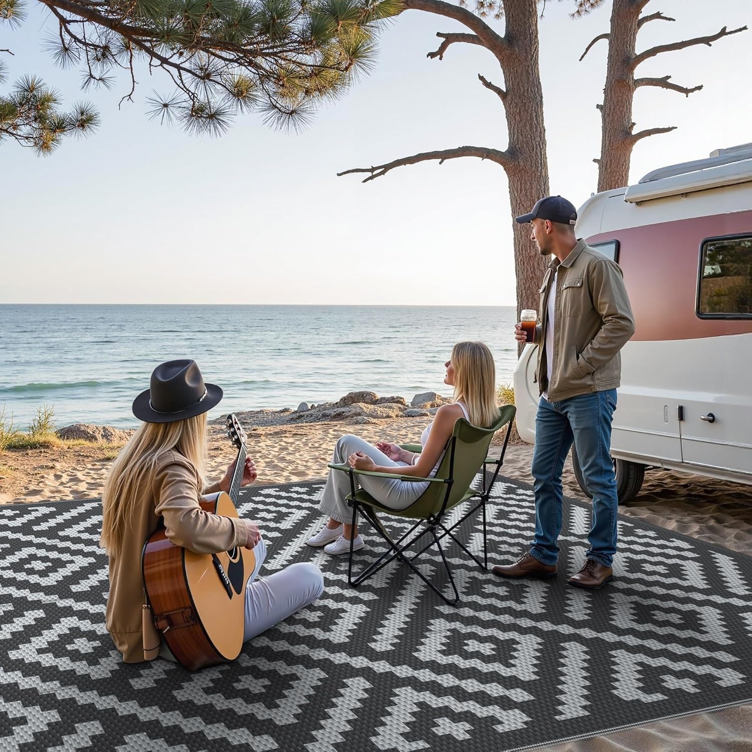image:imageGENIMO Outdoor Rug for Patio Clearance 5x8 Reversible Plastic Straw Rugs Lightweight Waterproof RV Camping Mat for Camper Balcony Deck Backyard Picnic BlackBrownBlackgray