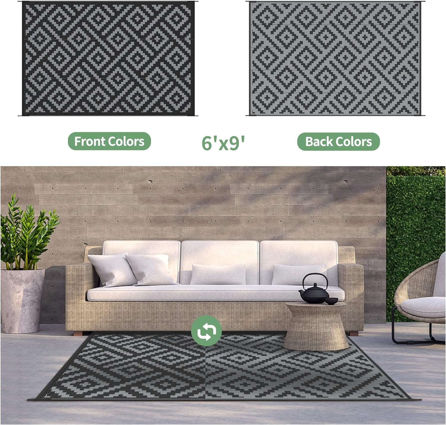 image:imageGENIMO Outdoor Rug for Patio Clearance 5x8 Reversible Plastic Straw Rugs Lightweight Waterproof RV Camping Mat for Camper Balcony Deck Backyard Picnic BlackBrownBlackgray