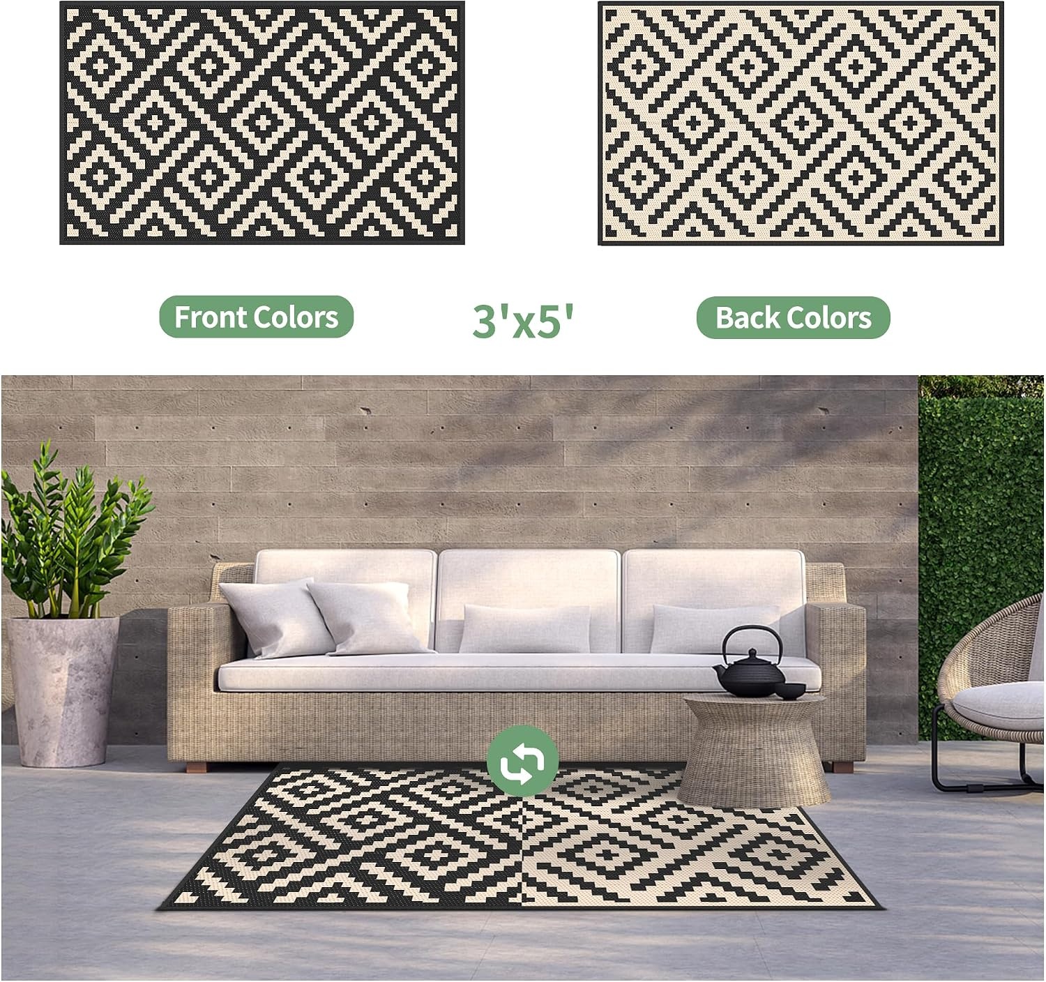 image:imageGENIMO Outdoor Rug for Patio Clearance 5x8 Reversible Plastic Straw Rugs Lightweight Waterproof RV Camping Mat for Camper Balcony Deck Backyard Picnic BlackBrownBlackbeige