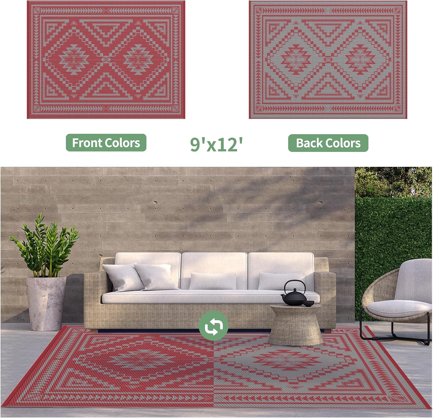 image:imageGENIMO Outdoor Rug for Patio Clearance 5x8 Reversible Plastic Straw Rugs Lightweight Waterproof RV Camping Mat for Camper Balcony Deck Backyard Picnic BlackBrownRed Grey Aztec