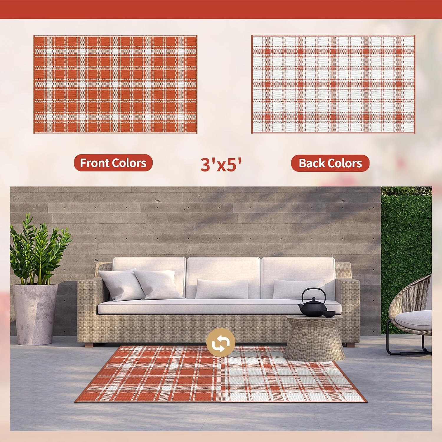 image:imageGENIMO Outdoor Rug for Patio Clearance 5x8 Reversible Plastic Straw Rugs Lightweight Waterproof RV Camping Mat for Camper Balcony Deck Backyard Picnic BlackBrownOrange White Plaid
