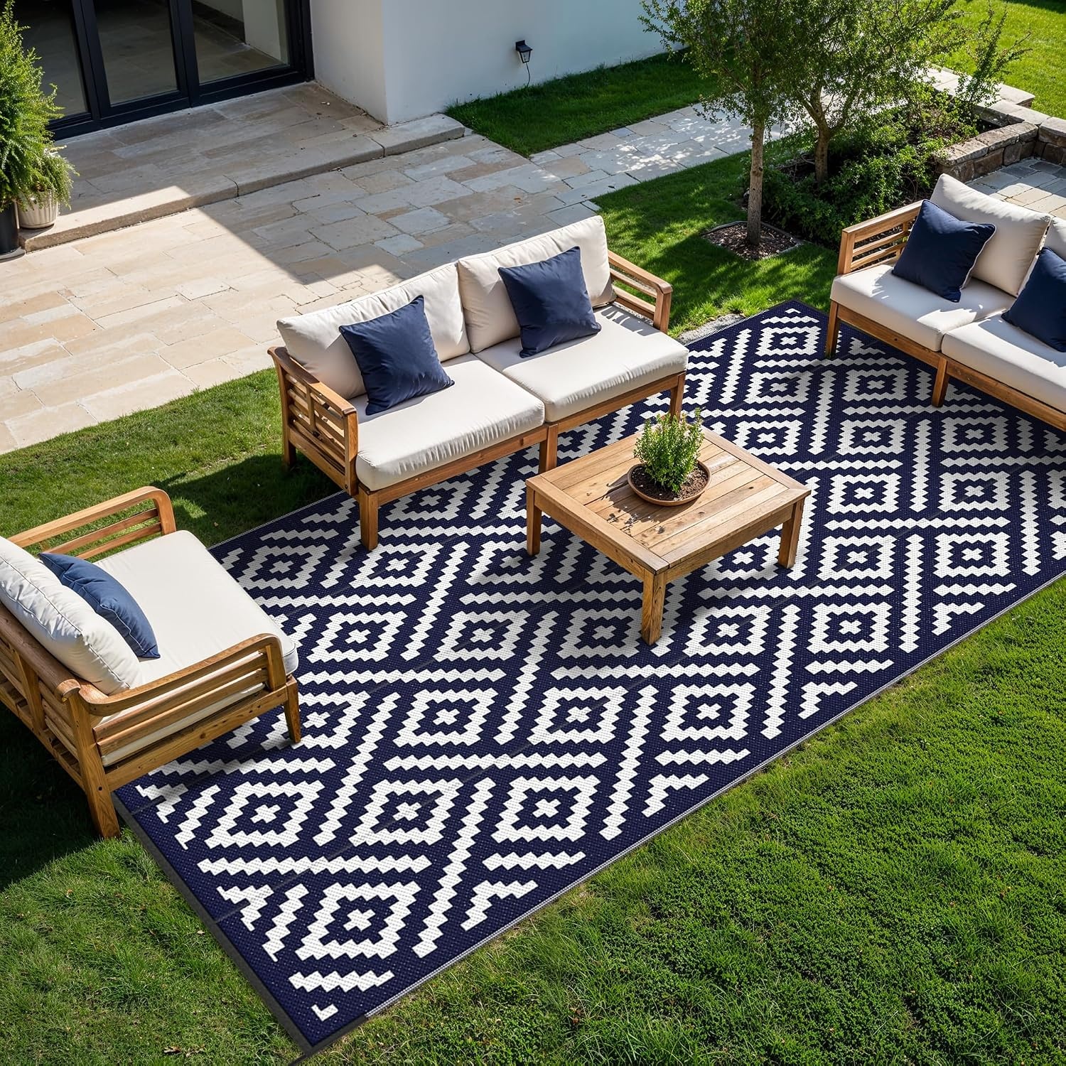 image:imageGENIMO Outdoor Rug for Patio Clearance 5x8 Reversible Plastic Straw Rugs Lightweight Waterproof RV Camping Mat for Camper Balcony Deck Backyard Picnic BlackBrownNavy Bluewhite