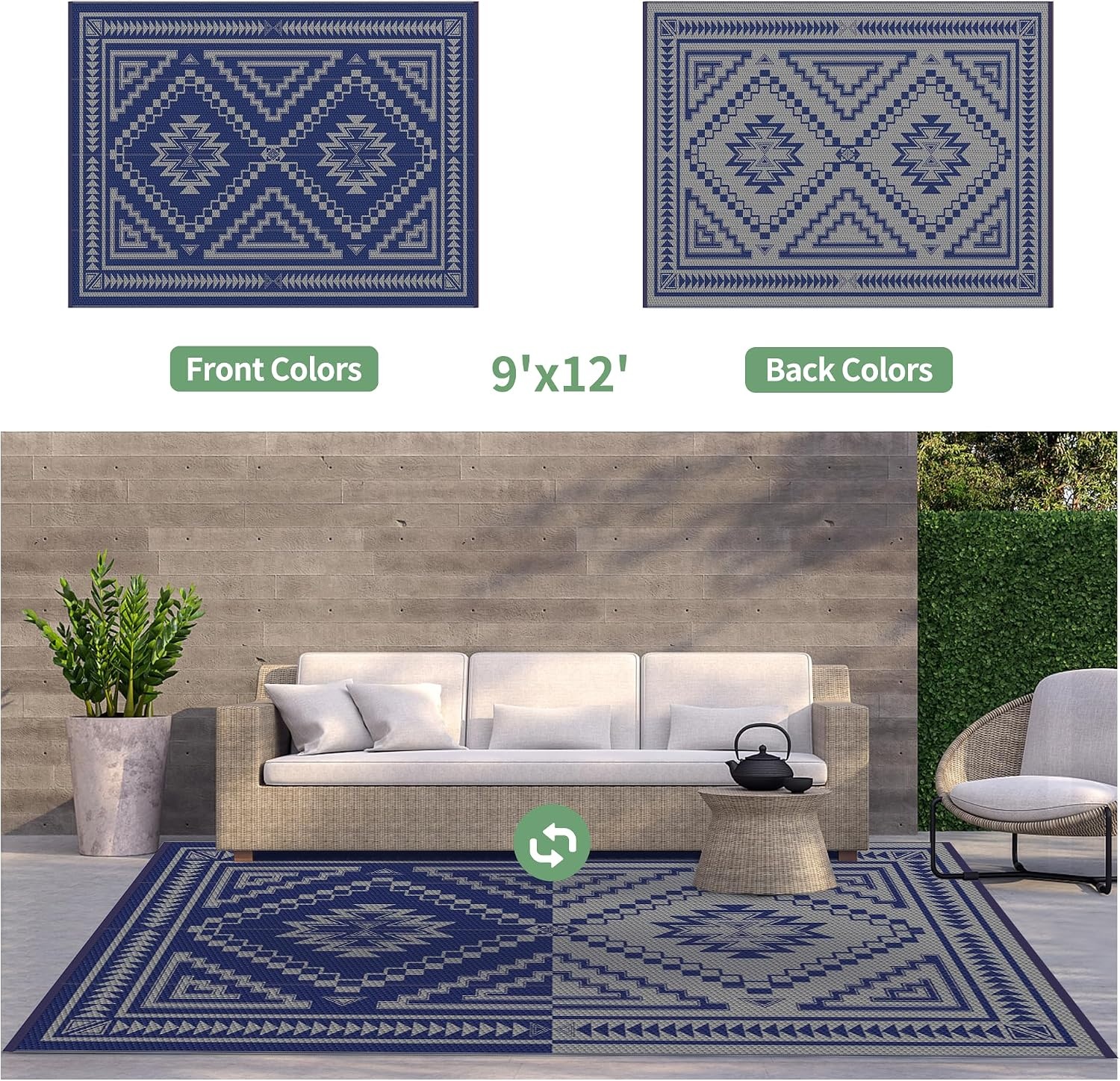 image:imageGENIMO Outdoor Rug for Patio Clearance 5x8 Reversible Plastic Straw Rugs Lightweight Waterproof RV Camping Mat for Camper Balcony Deck Backyard Picnic BlackBrownBlue Grey Aztec