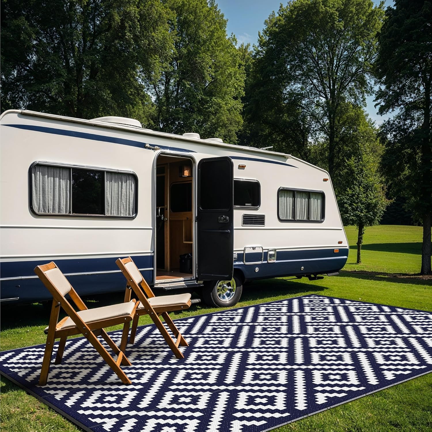 image:imageGENIMO Outdoor Rug for Patio Clearance 5x8 Reversible Plastic Straw Rugs Lightweight Waterproof RV Camping Mat for Camper Balcony Deck Backyard Picnic BlackBrownNavy Bluewhite