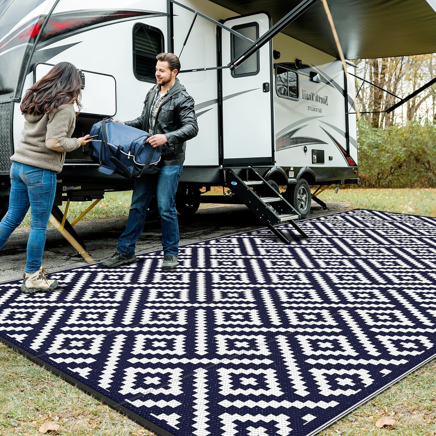 image:imageGENIMO Outdoor Rug for Patio Clearance 5x8 Reversible Plastic Straw Rugs Lightweight Waterproof RV Camping Mat for Camper Balcony Deck Backyard Picnic BlackBrownNavy Bluewhite