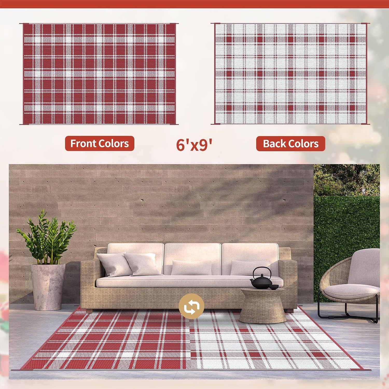 image:imageGENIMO Outdoor Rug for Patio Clearance 5x8 Reversible Plastic Straw Rugs Lightweight Waterproof RV Camping Mat for Camper Balcony Deck Backyard Picnic BlackBrownRed White Plaid