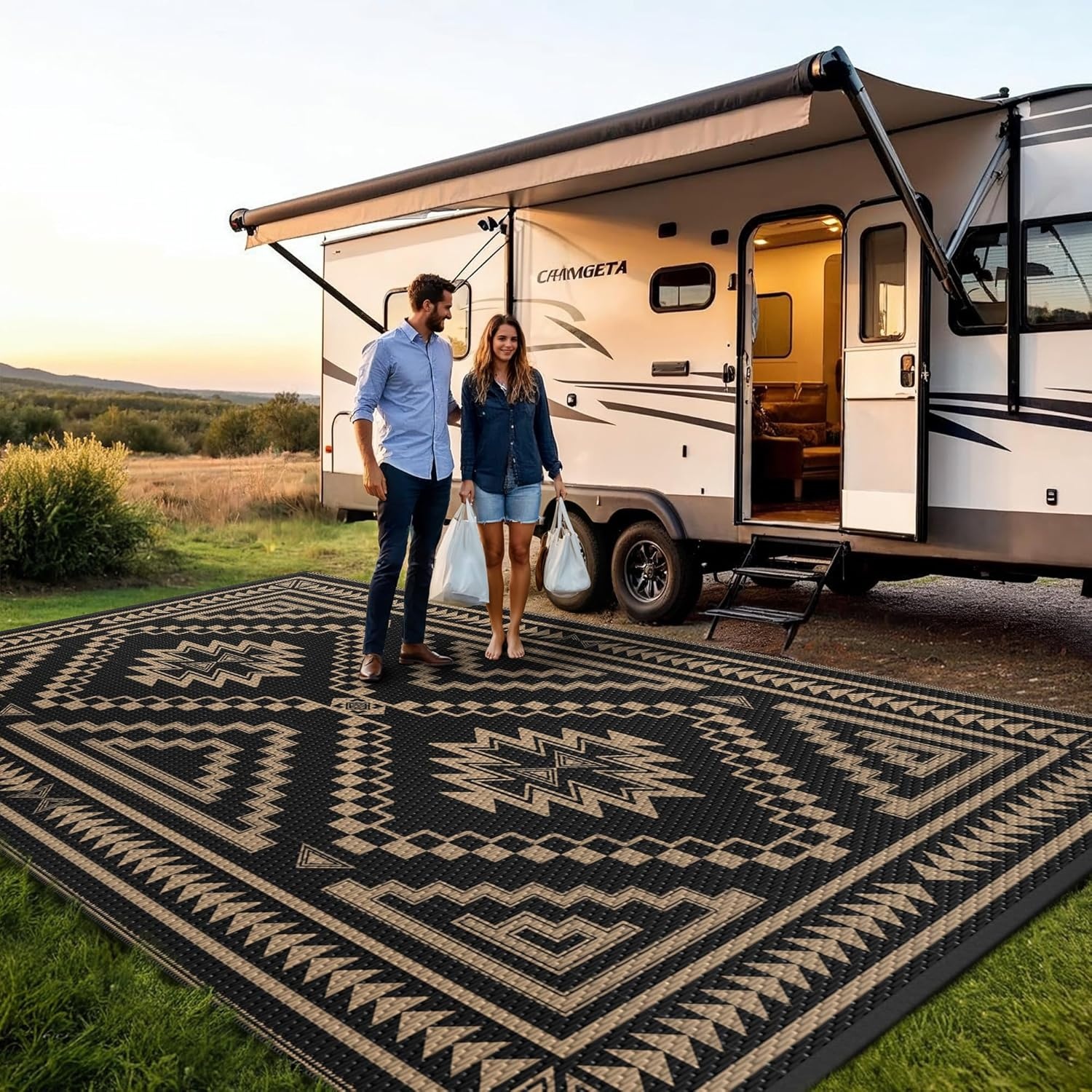image:imageGENIMO Outdoor Rug for Patio Clearance 5x8 Reversible Plastic Straw Rugs Lightweight Waterproof RV Camping Mat for Camper Balcony Deck Backyard Picnic BlackBrownBlack Brown Aztec