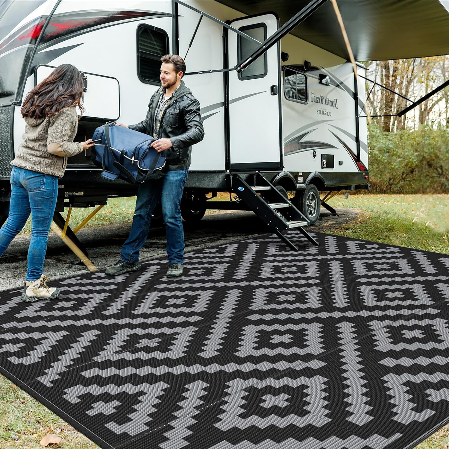 image:imageGENIMO Outdoor Rug for Patio Clearance 5x8 Reversible Plastic Straw Rugs Lightweight Waterproof RV Camping Mat for Camper Balcony Deck Backyard Picnic BlackBrownBlackgray