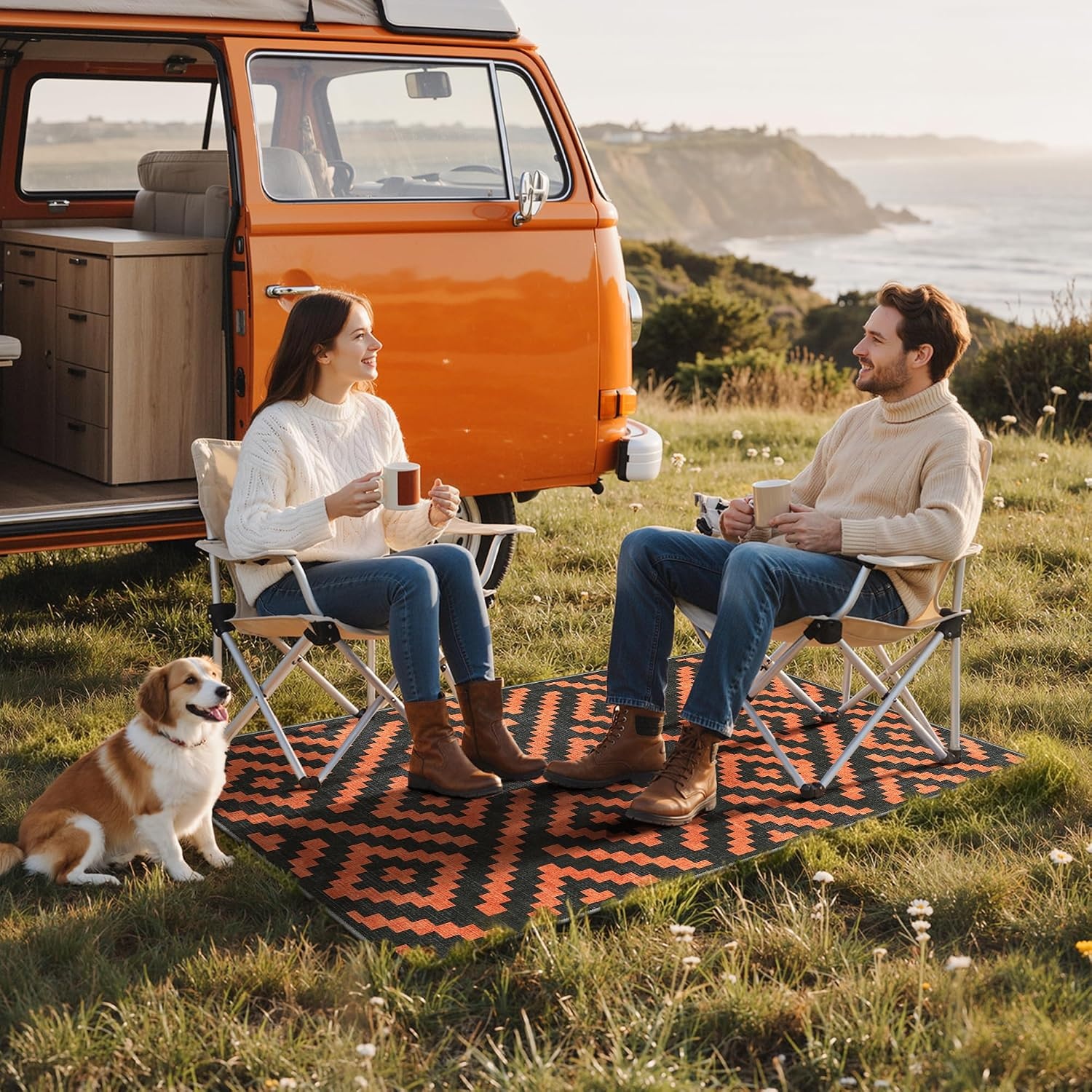 image:imageGENIMO Outdoor Rug for Patio Clearance 5x8 Reversible Plastic Straw Rugs Lightweight Waterproof RV Camping Mat for Camper Balcony Deck Backyard Picnic BlackBrownOrange Noir