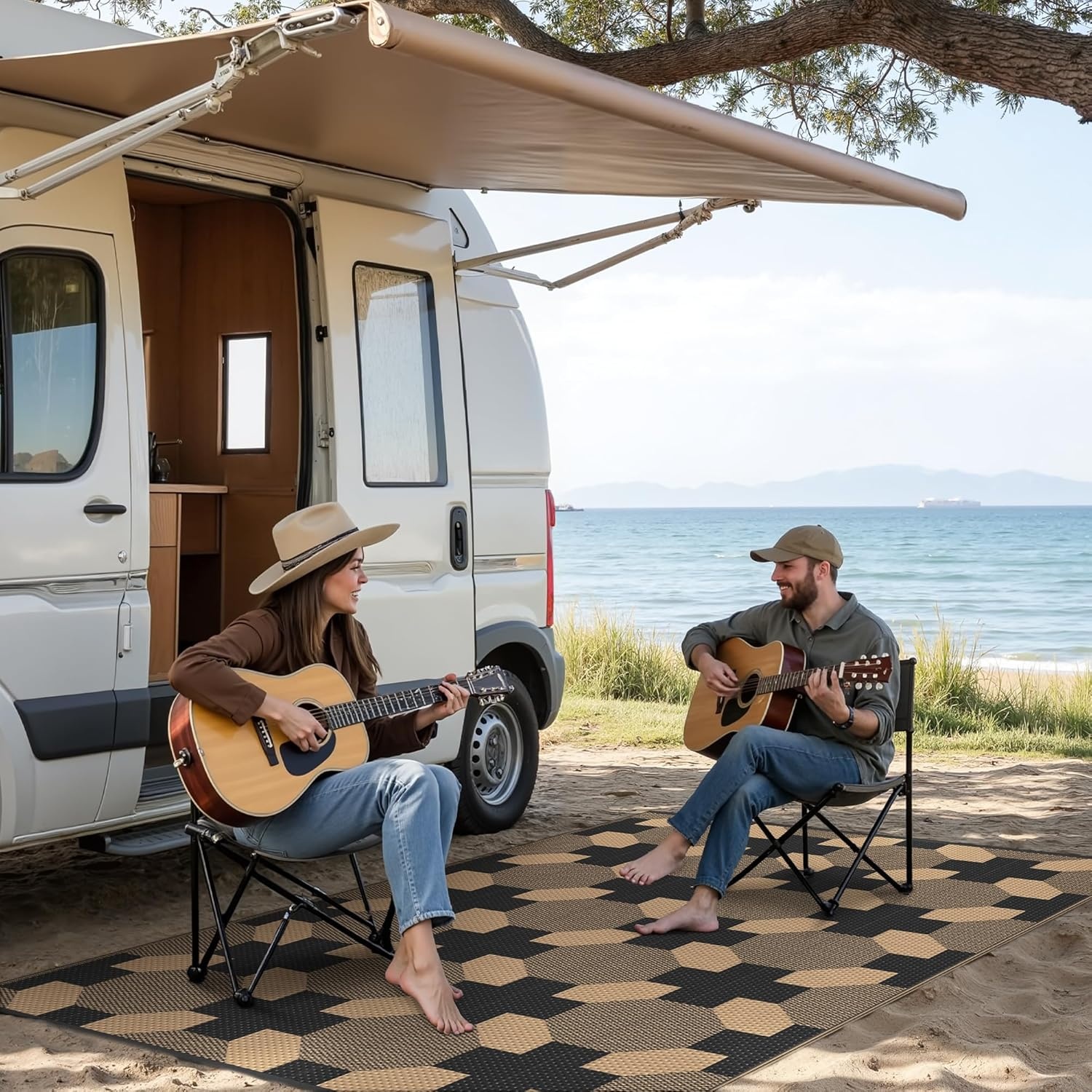 image:imageGENIMO Outdoor Rug for Patio Clearance 5x8 Reversible Plastic Straw Rugs Lightweight Waterproof RV Camping Mat for Camper Balcony Deck Backyard Picnic BlackBrownDark Mocha Brown
