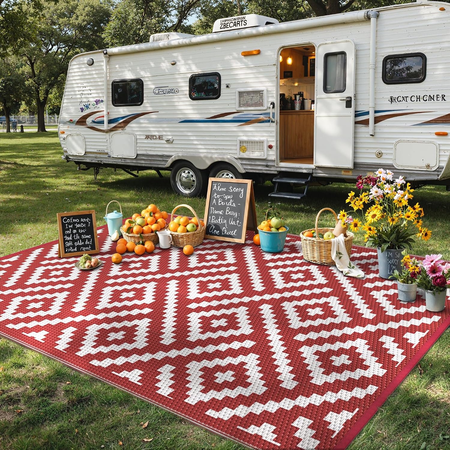 image:imageGENIMO Outdoor Rug for Patio Clearance 5x8 Reversible Plastic Straw Rugs Lightweight Waterproof RV Camping Mat for Camper Balcony Deck Backyard Picnic BlackBrownRed White