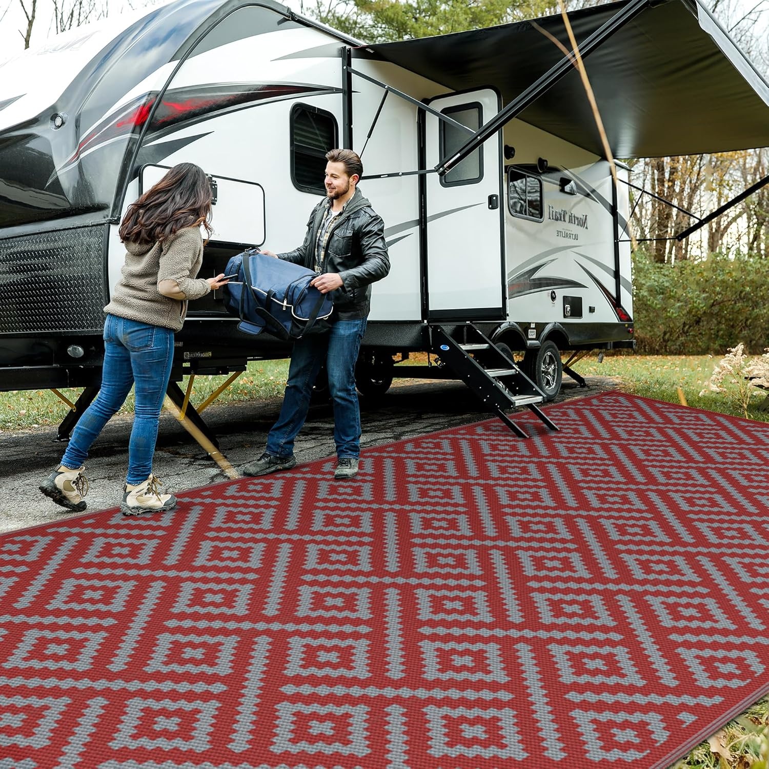 image:imageGENIMO Outdoor Rug for Patio Clearance 5x8 Reversible Plastic Straw Rugs Lightweight Waterproof RV Camping Mat for Camper Balcony Deck Backyard Picnic BlackBrownRed Grey