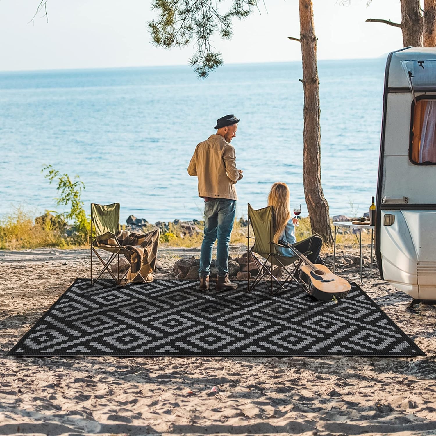 image:imageGENIMO Outdoor Rug for Patio Clearance 5x8 Reversible Plastic Straw Rugs Lightweight Waterproof RV Camping Mat for Camper Balcony Deck Backyard Picnic BlackBrownBlackgray