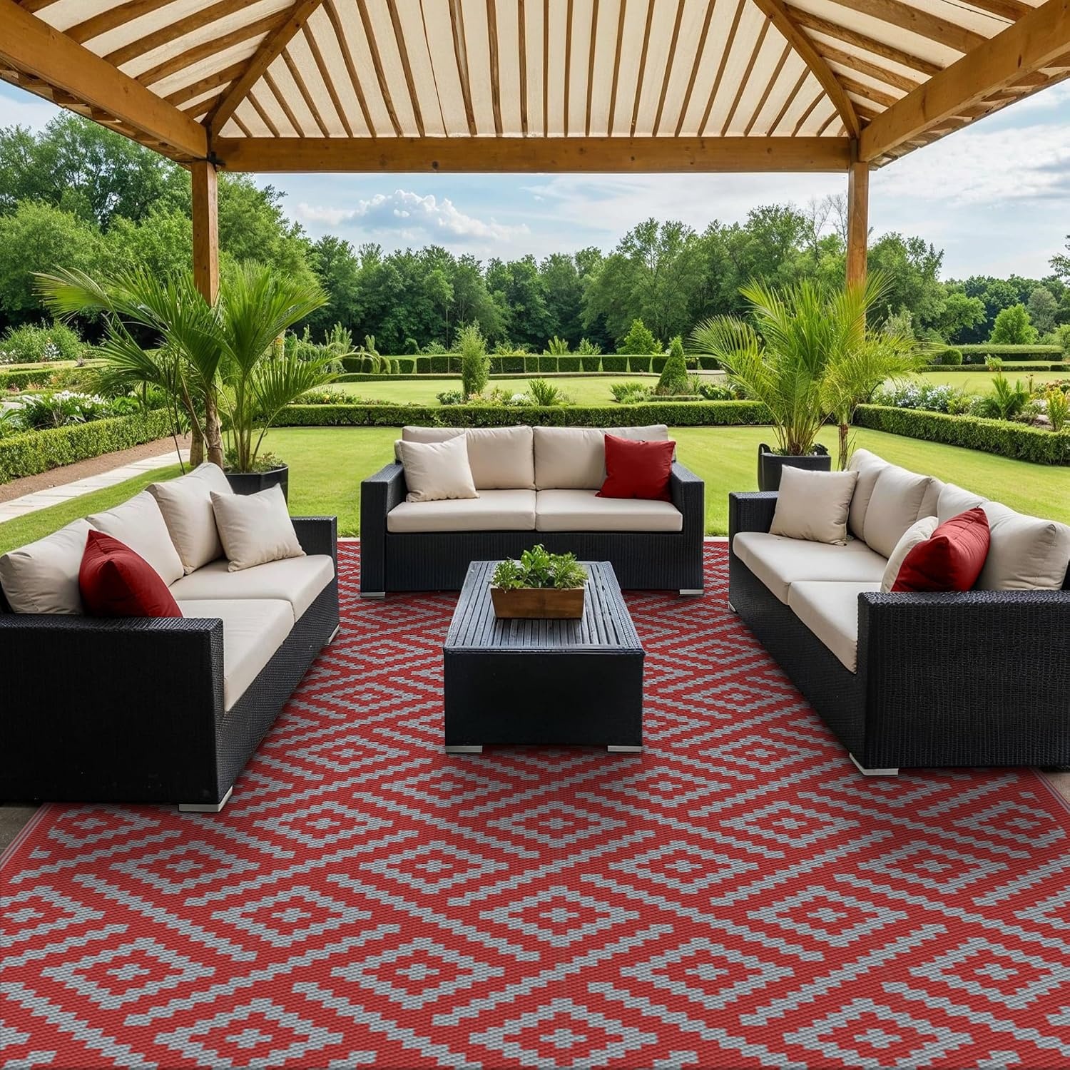 image:imageGENIMO Outdoor Rug for Patio Clearance 5x8 Reversible Plastic Straw Rugs Lightweight Waterproof RV Camping Mat for Camper Balcony Deck Backyard Picnic BlackBrownRed Grey