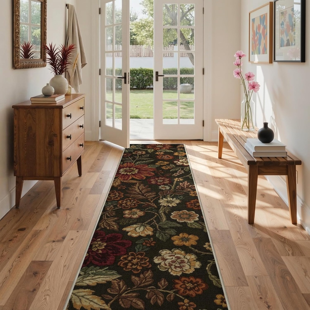 image:imageGENIMO 2x10 Washable Runner Rug Non Slip for Hallway Black Red Gold Vintage Floral Kitchen Runner Stain Resistant Low Pile and Lightweight for Entryway Bedroom Bathroom and Laundry Room