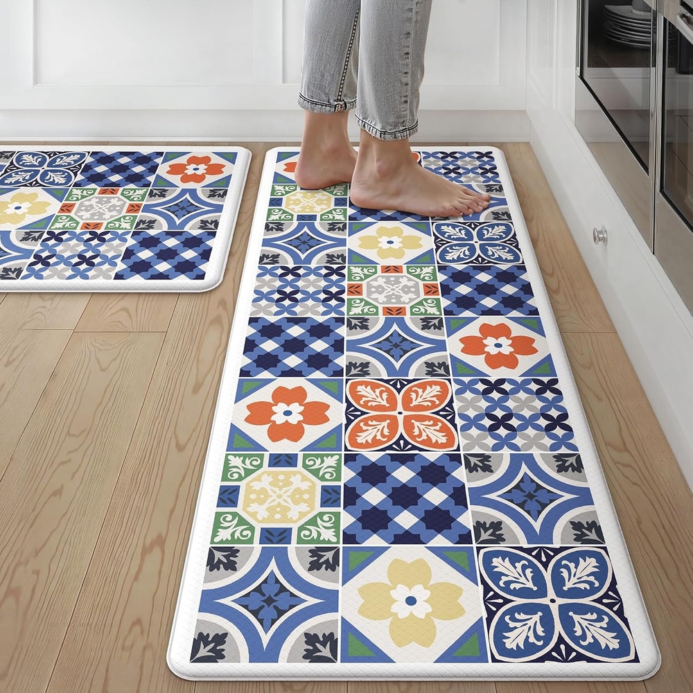 image:imageGENIMO Anti Fatigue Kitchen Mats for Floor 2PCS Cushioned Standing Mats 173x47amp173x30 Light Taupe Brown vintage boho rug set waterproof nonslip easyclean for home laundry sink farmhouseAblue