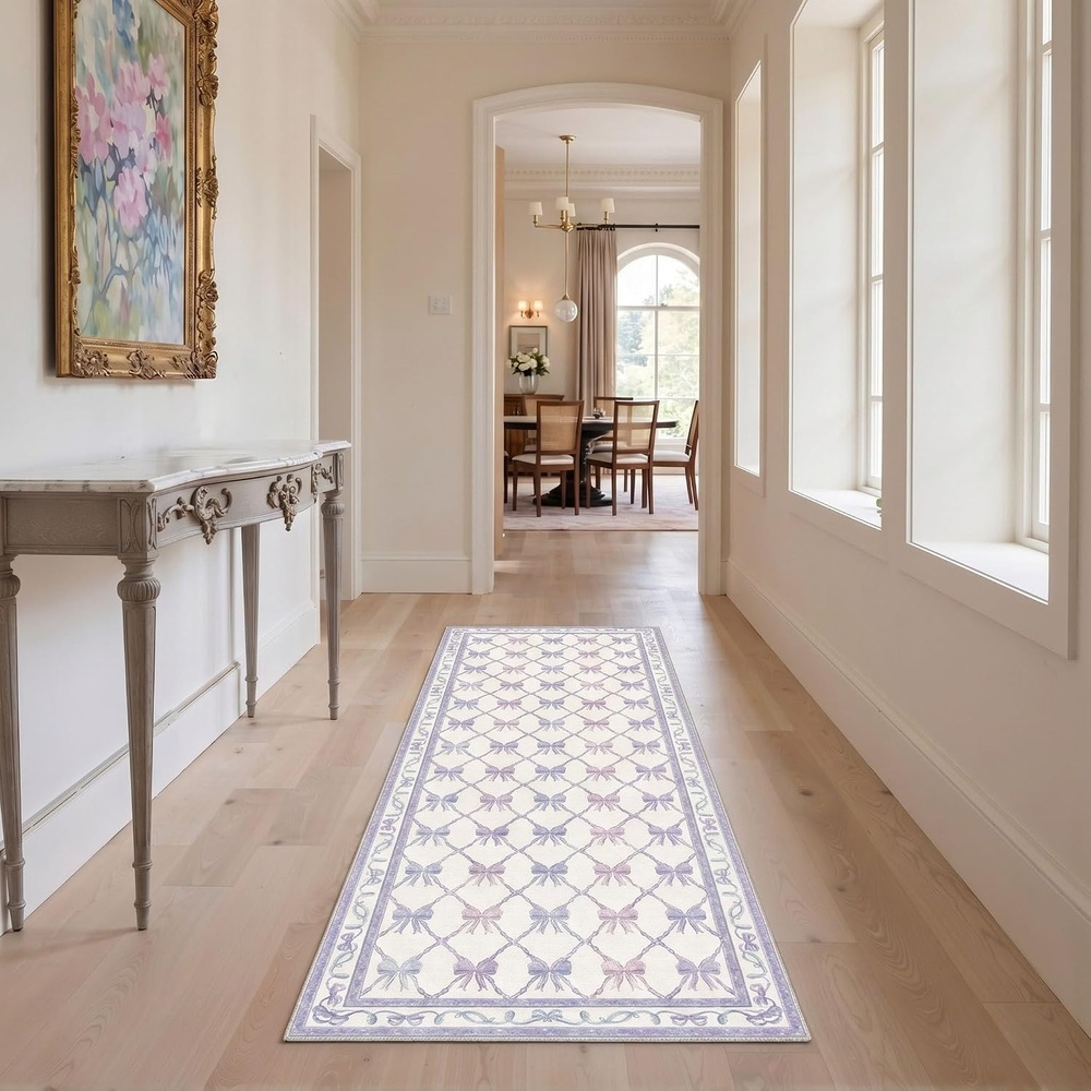 image:imageGENIMO Area Rugs 6X9 for Living Room Bedroom Machine Washable Non Slip Flower Bow Rug Low Pile Soft Cute Floral Rug for Dining Room Girls Room Nursery Room and Playroom Pink BowPurple Blue Bow