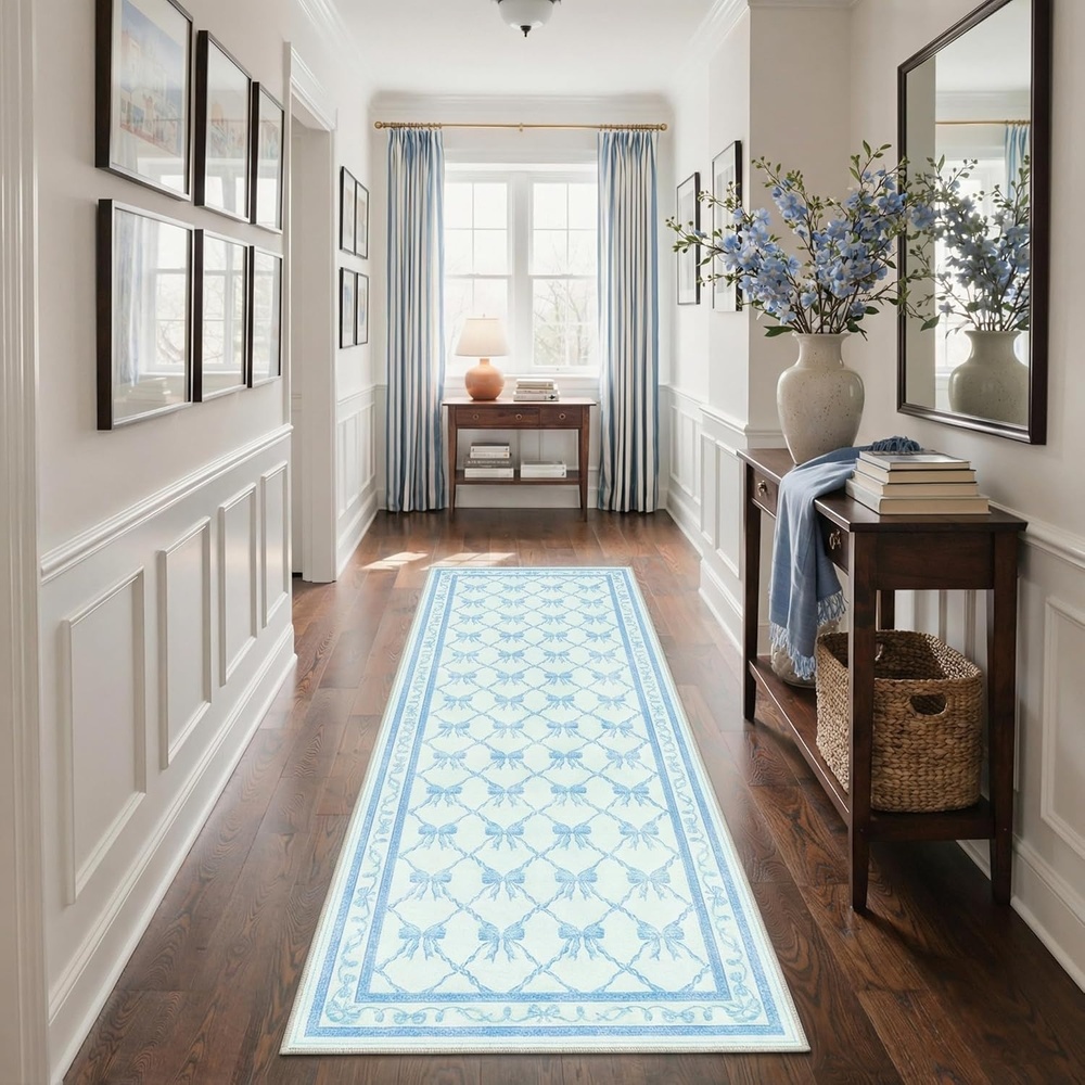 image:imageGENIMO Area Rugs 6X9 for Living Room Bedroom Machine Washable Non Slip Flower Bow Rug Low Pile Soft Cute Floral Rug for Dining Room Girls Room Nursery Room and Playroom Pink BowSky Blue Bow