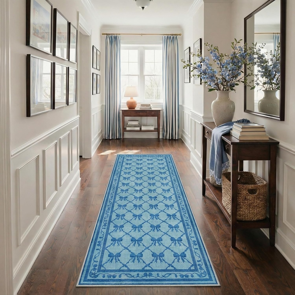 image:imageGENIMO Area Rugs 6X9 for Living Room Bedroom Machine Washable Non Slip Flower Bow Rug Low Pile Soft Cute Floral Rug for Dining Room Girls Room Nursery Room and Playroom Pink BowBlue Bow