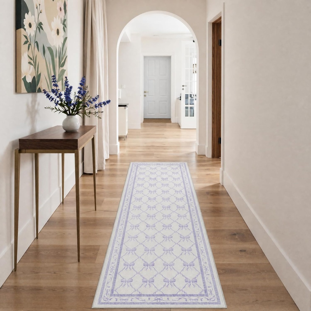 image:imageGENIMO Area Rugs 6X9 for Living Room Bedroom Machine Washable Non Slip Flower Bow Rug Low Pile Soft Cute Floral Rug for Dining Room Girls Room Nursery Room and Playroom Pink BowPurple Bow