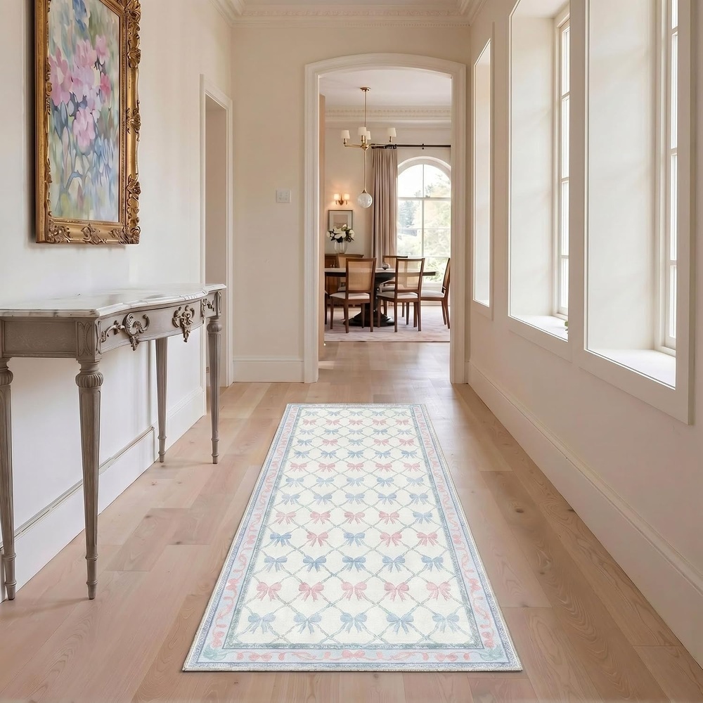 image:imageGENIMO Area Rugs 6X9 for Living Room Bedroom Machine Washable Non Slip Flower Bow Rug Low Pile Soft Cute Floral Rug for Dining Room Girls Room Nursery Room and Playroom Pink BowPurple Floral Bow