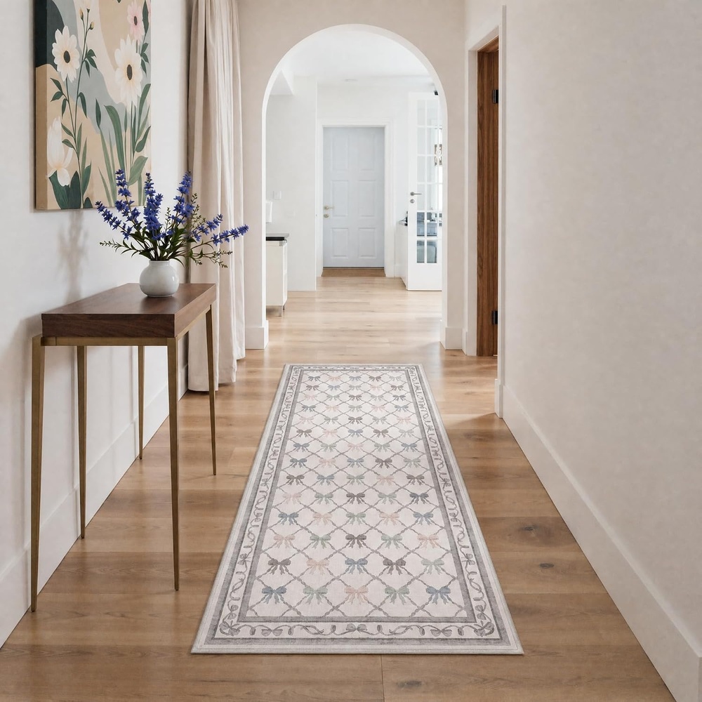 image:imageGENIMO Area Rugs 6X9 for Living Room Bedroom Machine Washable Non Slip Flower Bow Rug Low Pile Soft Cute Floral Rug for Dining Room Girls Room Nursery Room and Playroom Pink BowPastel Multi Bow
