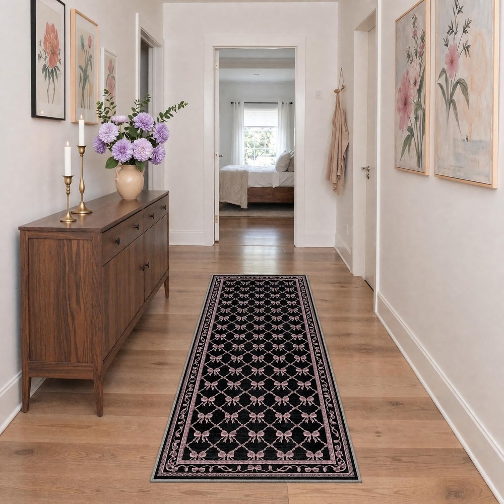 image:imageGENIMO Area Rugs 6X9 for Living Room Bedroom Machine Washable Non Slip Flower Bow Rug Low Pile Soft Cute Floral Rug for Dining Room Girls Room Nursery Room and Playroom Pink BowBlack Pink Bow