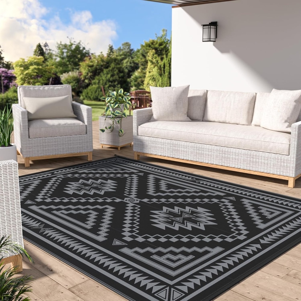 image:imageGENIMO Outdoor Rug for Patio Clearance 5x8 Reversible Plastic Straw Rugs Lightweight Waterproof RV Camping Mat for Camper Balcony Deck Backyard Picnic BlackBrownBlack Grey Aztec
