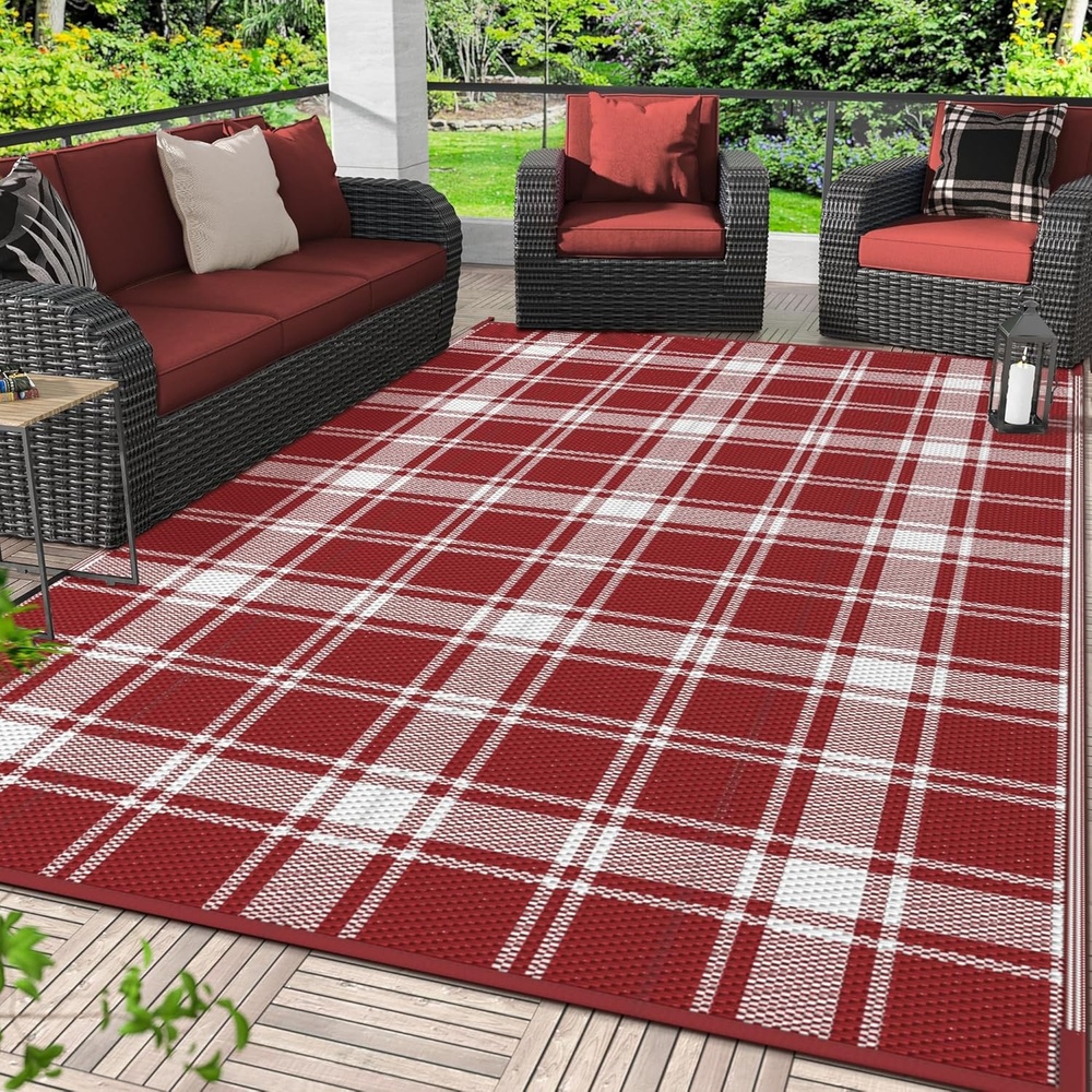 image:imageGENIMO Outdoor Rug for Patio Clearance 5x8 Reversible Plastic Straw Rugs Lightweight Waterproof RV Camping Mat for Camper Balcony Deck Backyard Picnic BlackBrownRed White Plaid