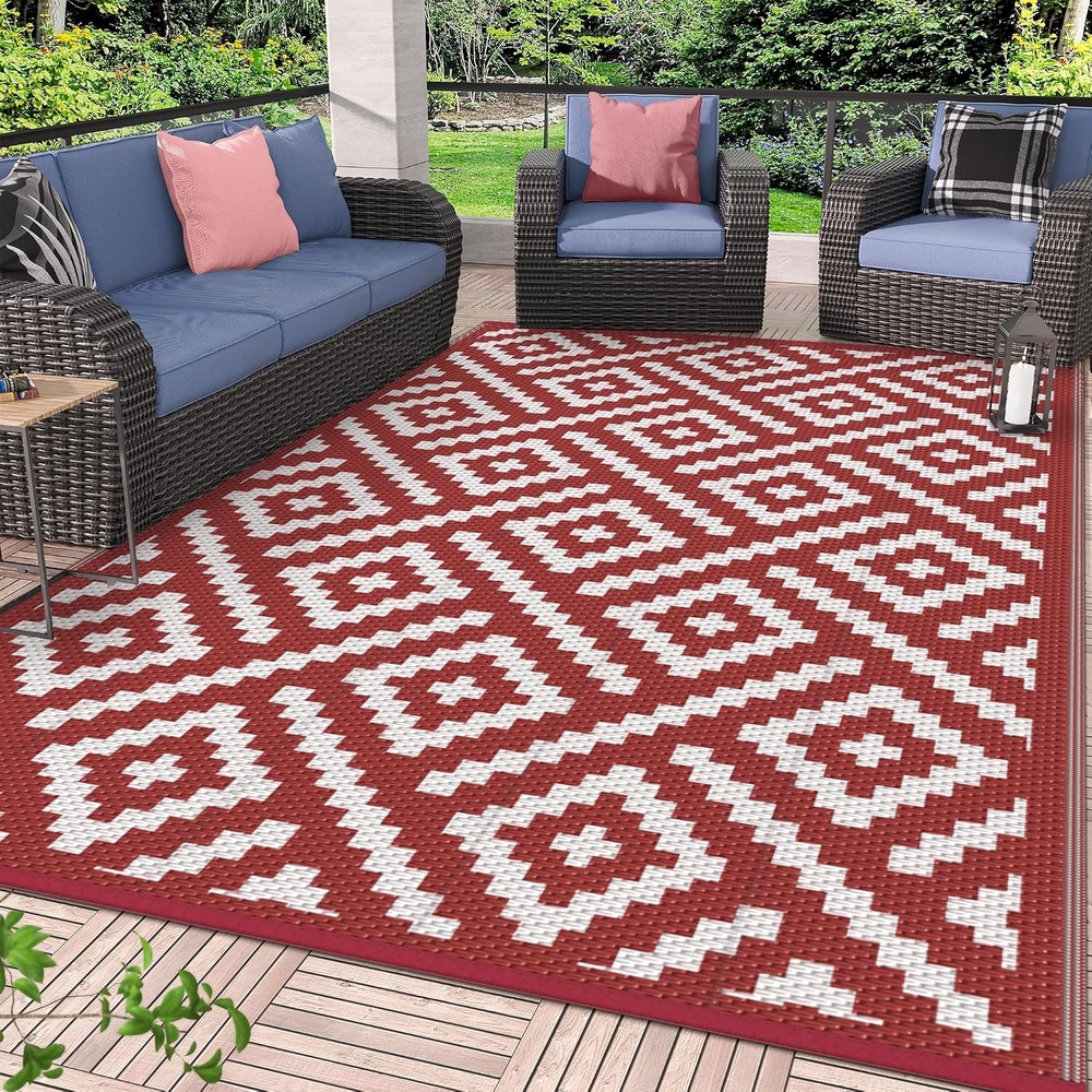 image:imageGENIMO Outdoor Rug for Patio Clearance 5x8 Reversible Plastic Straw Rugs Lightweight Waterproof RV Camping Mat for Camper Balcony Deck Backyard Picnic BlackBrownRed White