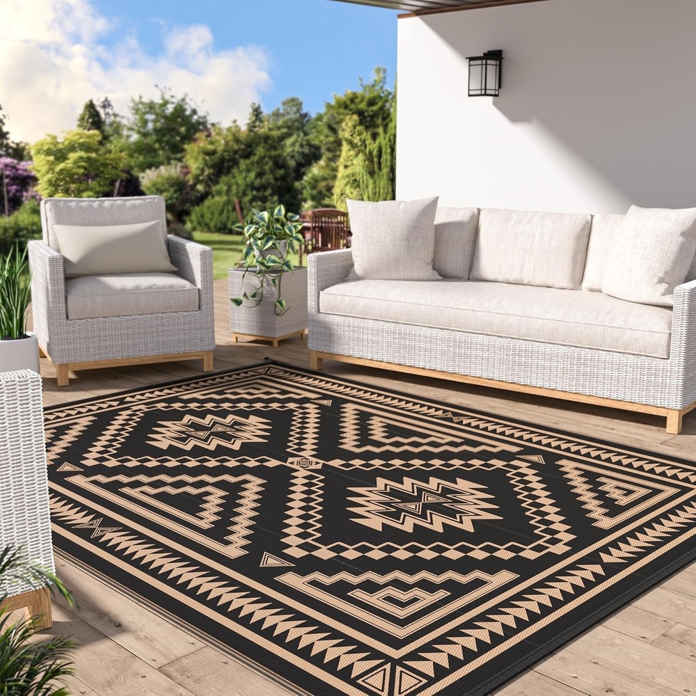 image:imageGENIMO Outdoor Rug for Patio Clearance 5x8 Reversible Plastic Straw Rugs Lightweight Waterproof RV Camping Mat for Camper Balcony Deck Backyard Picnic BlackBrownBlack Brown Aztec