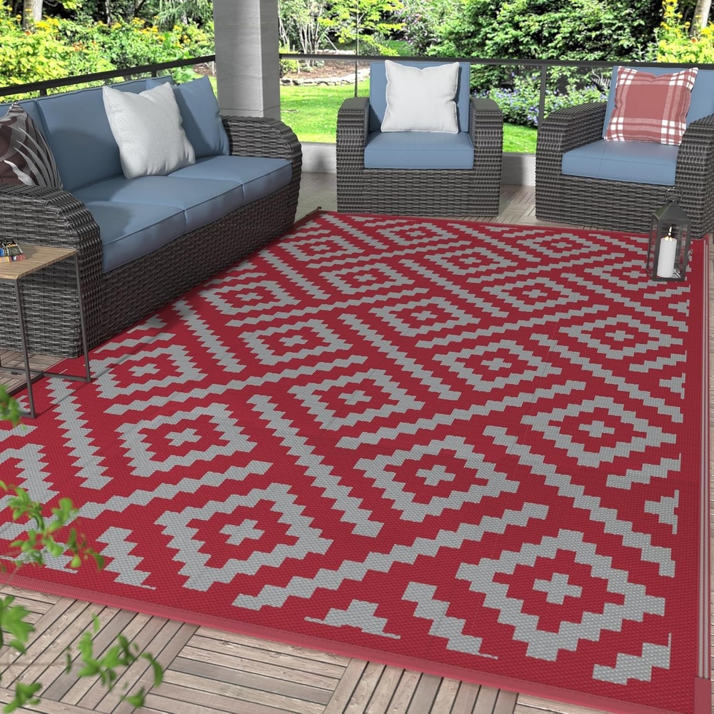 image:imageGENIMO Outdoor Rug for Patio Clearance 5x8 Reversible Plastic Straw Rugs Lightweight Waterproof RV Camping Mat for Camper Balcony Deck Backyard Picnic BlackBrownRed Grey