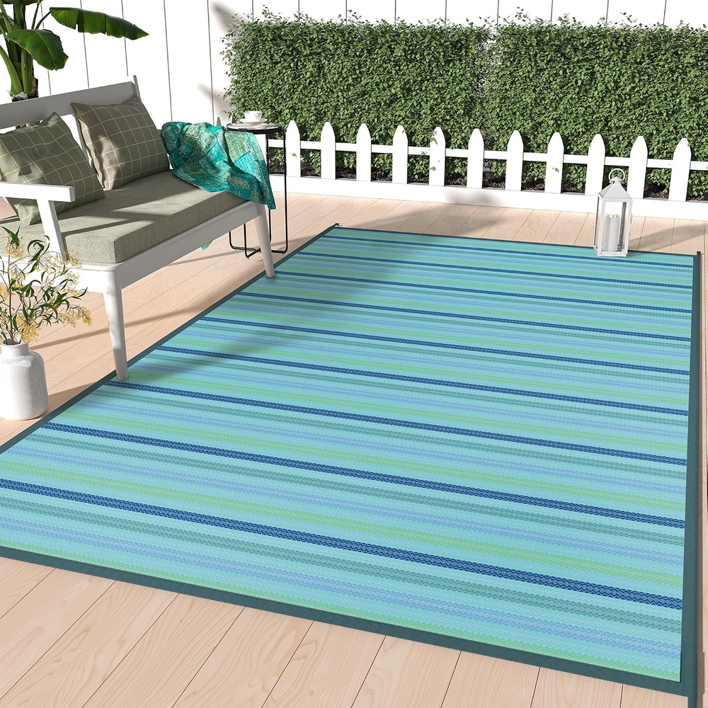 image:imageGENIMO Outdoor Rug for Patio Clearance 5x8 Reversible Plastic Straw Rugs Lightweight Waterproof RV Camping Mat for Camper Balcony Deck Backyard Picnic BlackBrownLightblue
