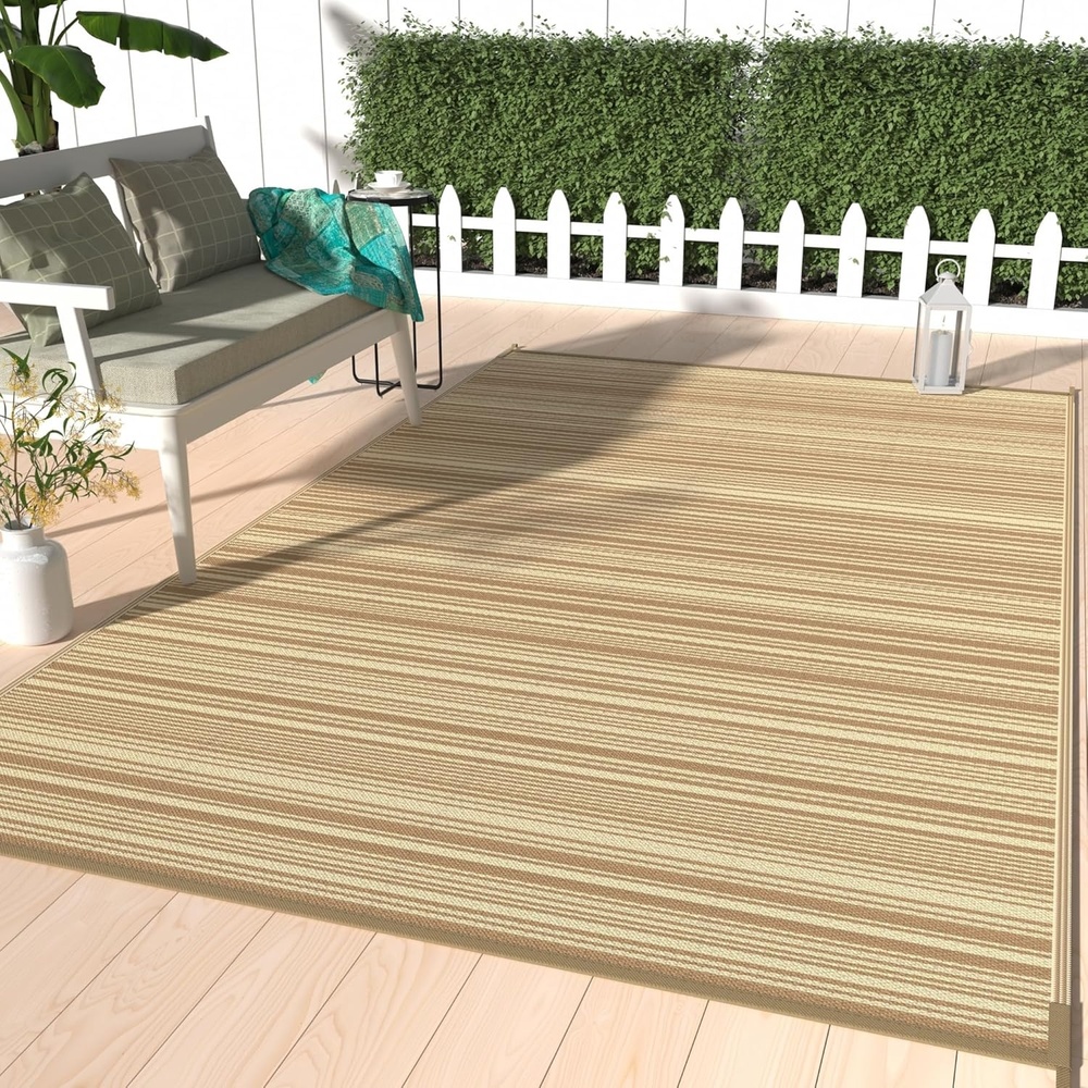image:imageGENIMO Outdoor Rug for Patio Clearance 5x8 Reversible Plastic Straw Rugs Lightweight Waterproof RV Camping Mat for Camper Balcony Deck Backyard Picnic BlackBrownLightcoffeebeige