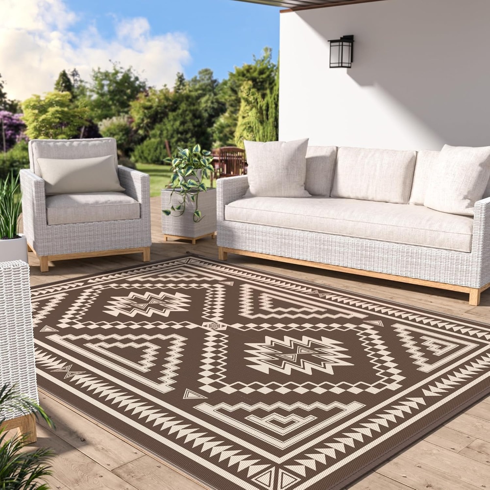 image:imageGENIMO Outdoor Rug for Patio Clearance 5x8 Reversible Plastic Straw Rugs Lightweight Waterproof RV Camping Mat for Camper Balcony Deck Backyard Picnic BlackBrownCoffee Beige Aztec