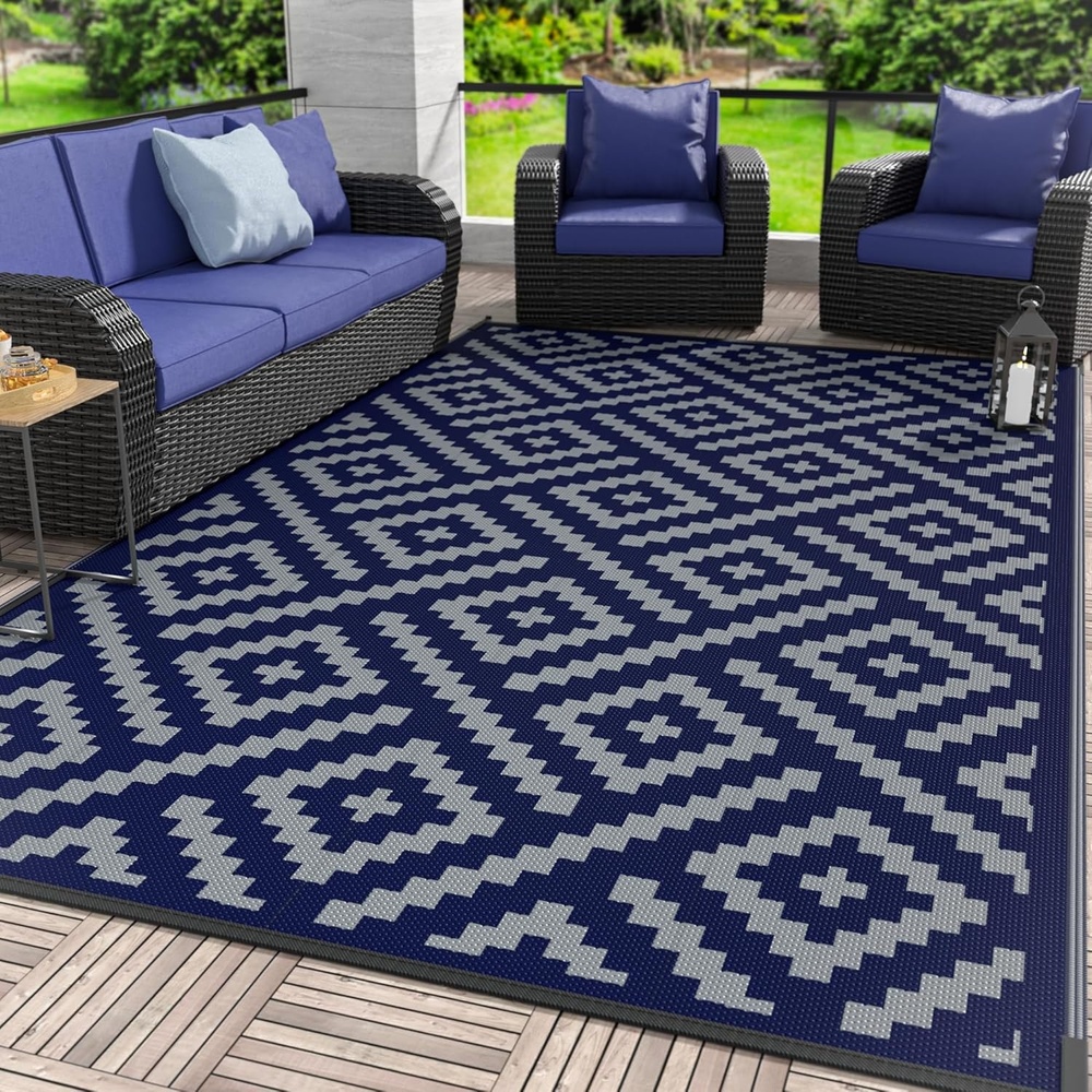 image:imageGENIMO Outdoor Rug for Patio Clearance 5x8 Reversible Plastic Straw Rugs Lightweight Waterproof RV Camping Mat for Camper Balcony Deck Backyard Picnic BlackBrownBluegrey
