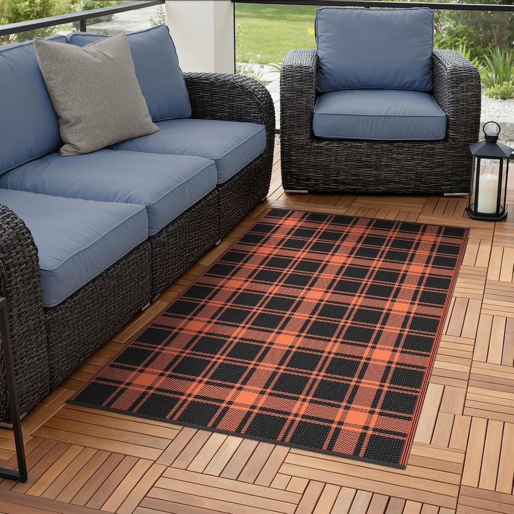 image:imageGENIMO Outdoor Rug for Patio Clearance 5x8 Reversible Plastic Straw Rugs Lightweight Waterproof RV Camping Mat for Camper Balcony Deck Backyard Picnic BlackBrownBlack Orange Plaid