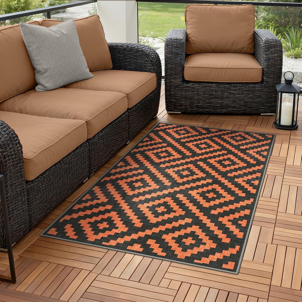 image:imageGENIMO Outdoor Rug for Patio Clearance 5x8 Reversible Plastic Straw Rugs Lightweight Waterproof RV Camping Mat for Camper Balcony Deck Backyard Picnic BlackBrownOrange Noir