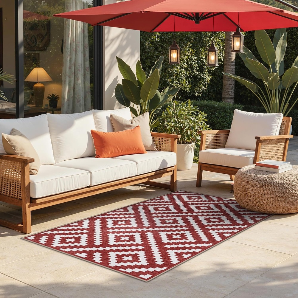 image:imageGENIMO Outdoor Rug for Patio Clearance 5x8 Reversible Plastic Straw Rugs Lightweight Waterproof RV Camping Mat for Camper Balcony Deck Backyard Picnic BlackBrownRuby White