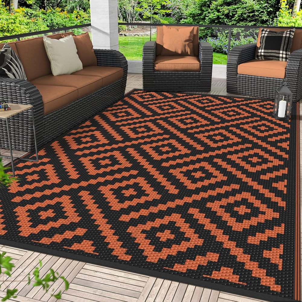 image:imageGENIMO Outdoor Rug for Patio Clearance 5x8 Reversible Plastic Straw Rugs Lightweight Waterproof RV Camping Mat for Camper Balcony Deck Backyard Picnic BlackBrownBlackorange