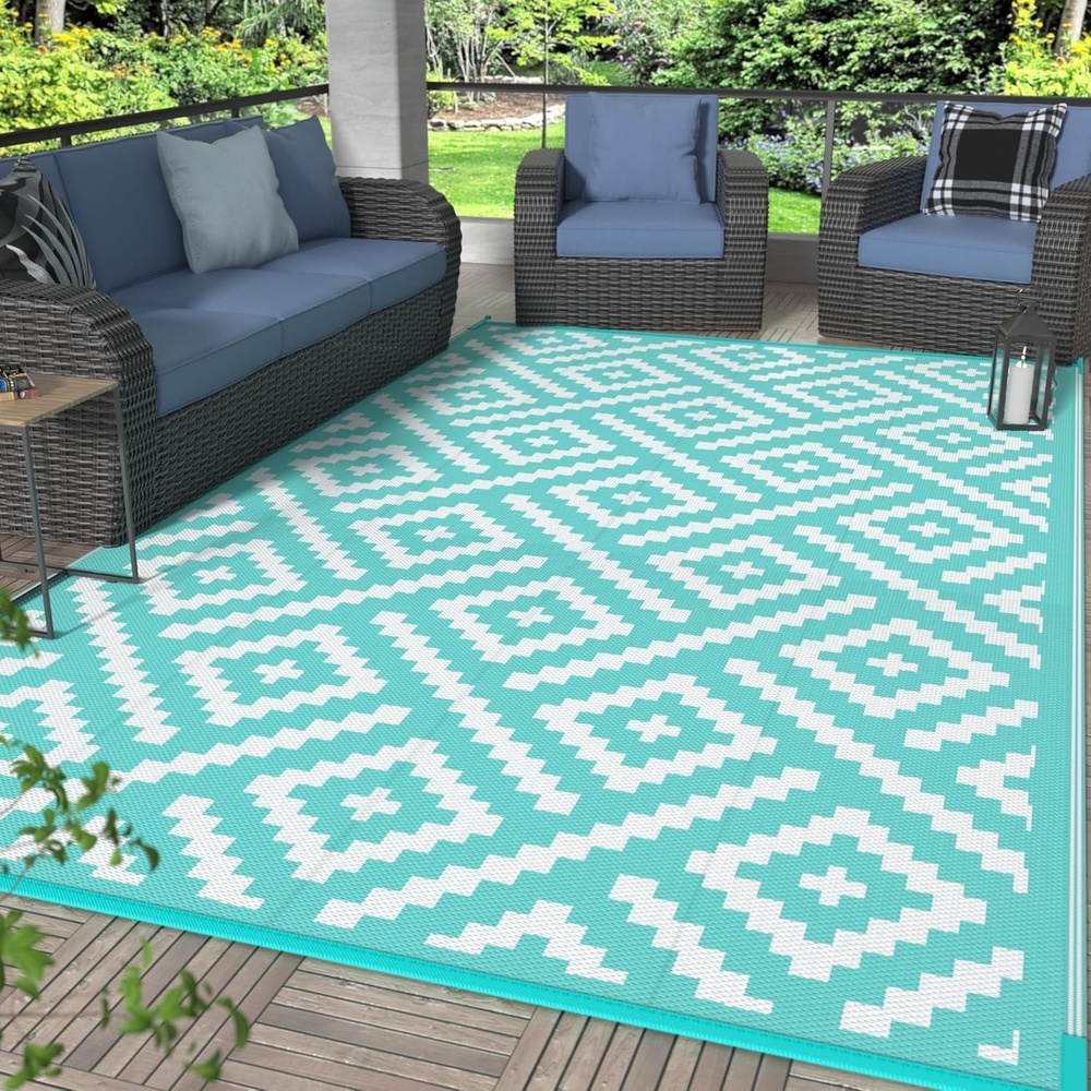 image:imageGENIMO Outdoor Rug for Patio Clearance 5x8 Reversible Plastic Straw Rugs Lightweight Waterproof RV Camping Mat for Camper Balcony Deck Backyard Picnic BlackBrownAquabluewhite