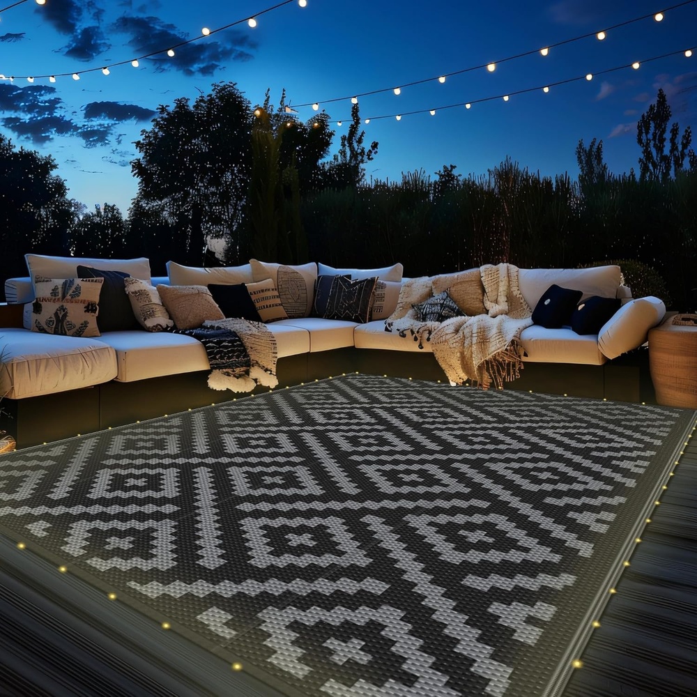 image:imageGENIMO Outdoor Rug for Patio Clearance 5x8 Reversible Plastic Straw Rugs Lightweight Waterproof RV Camping Mat for Camper Balcony Deck Backyard Picnic BlackBrownBlackgray Led