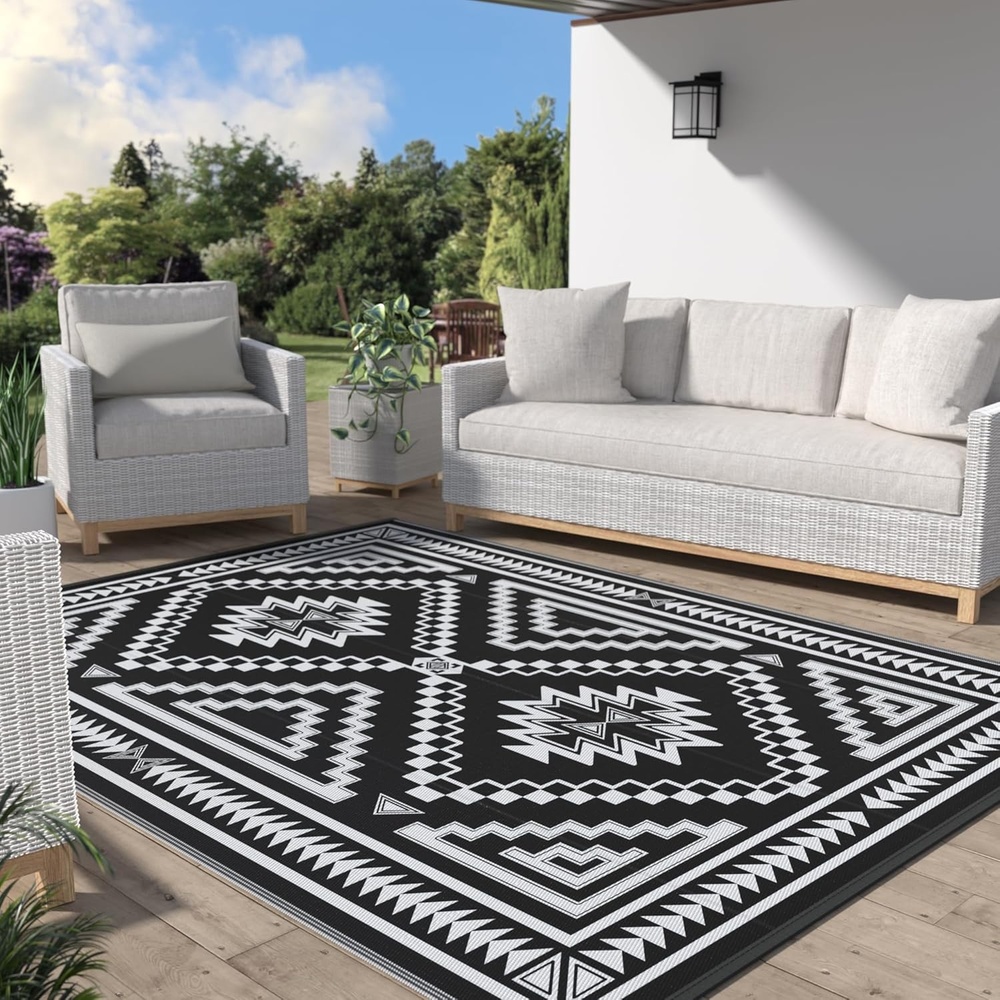image:imageGENIMO Outdoor Rug for Patio Clearance 5x8 Reversible Plastic Straw Rugs Lightweight Waterproof RV Camping Mat for Camper Balcony Deck Backyard Picnic BlackBrownBlack White Aztec