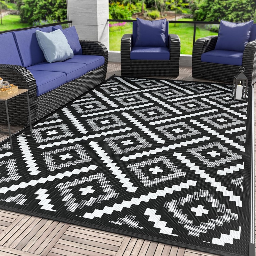 image:imageGENIMO Outdoor Rug for Patio Clearance 5x8 Reversible Plastic Straw Rugs Lightweight Waterproof RV Camping Mat for Camper Balcony Deck Backyard Picnic BlackBrownMixblackwhite