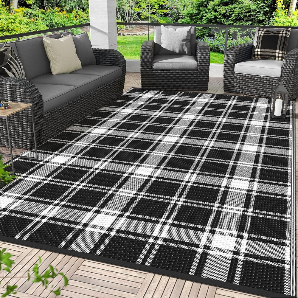 image:imageGENIMO Outdoor Rug for Patio Clearance 5x8 Reversible Plastic Straw Rugs Lightweight Waterproof RV Camping Mat for Camper Balcony Deck Backyard Picnic BlackBrownBlack White Plaid