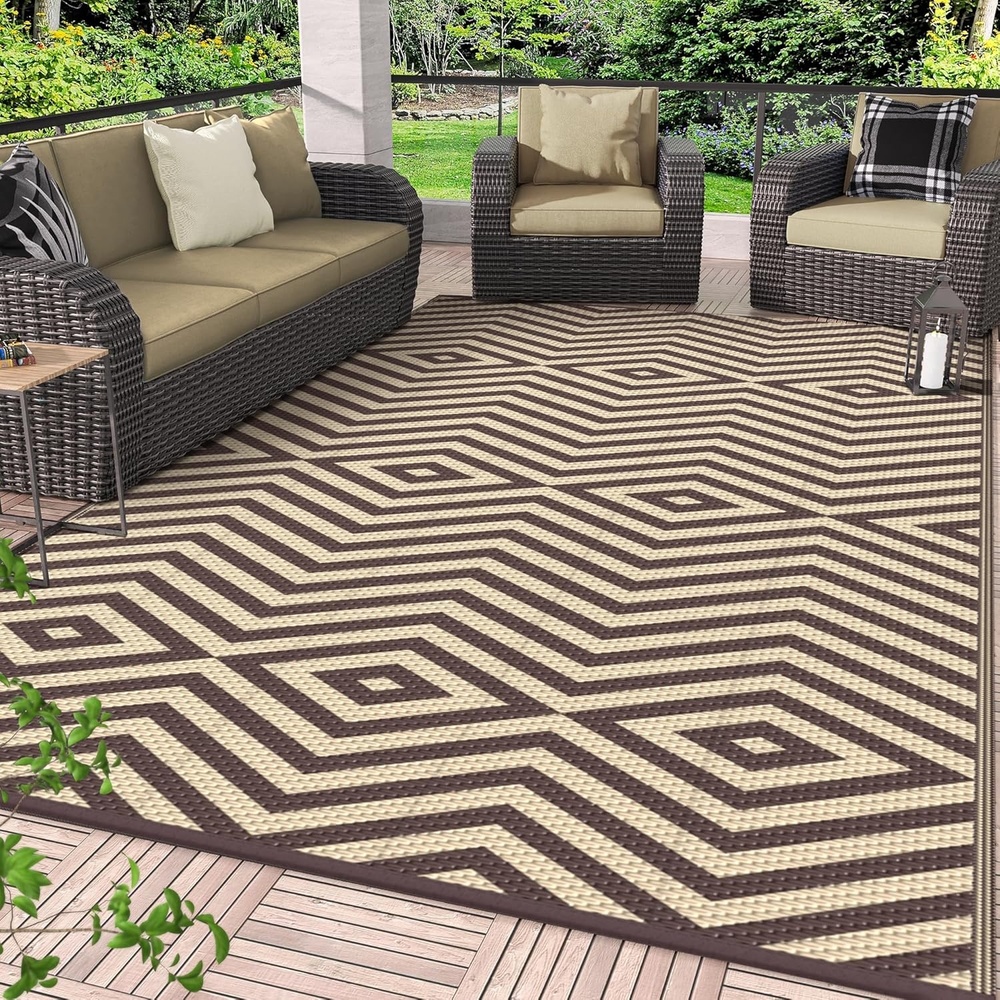 image:imageGENIMO Outdoor Rug for Patio Clearance 5x8 Reversible Plastic Straw Rugs Lightweight Waterproof RV Camping Mat for Camper Balcony Deck Backyard Picnic BlackBrownMocha Beige