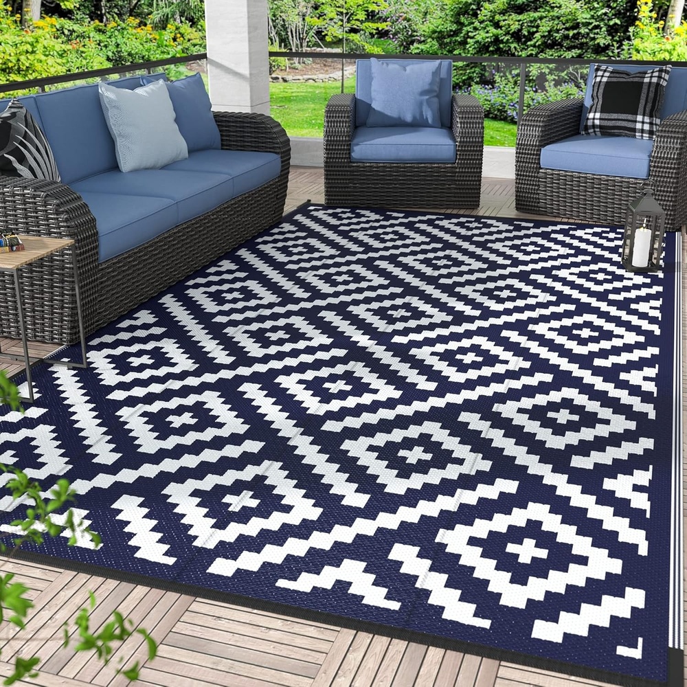 image:imageGENIMO Outdoor Rug for Patio Clearance 5x8 Reversible Plastic Straw Rugs Lightweight Waterproof RV Camping Mat for Camper Balcony Deck Backyard Picnic BlackBrownNavy Bluewhite